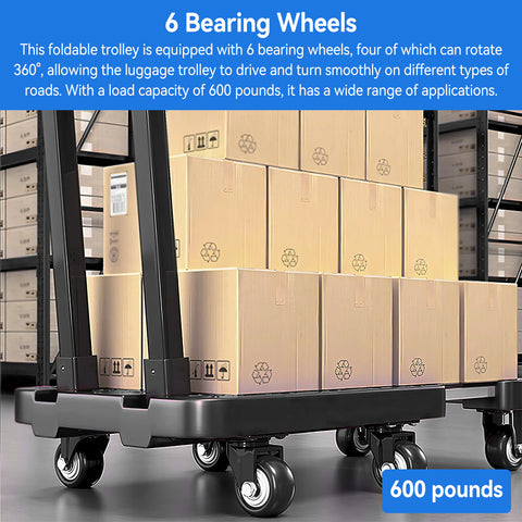 Black Foldable portable trolley, anti-slip texture, foldable carrying trolley, 270KG trolley, equipped with 6 wheels and elastic cord, suitable for luggage, travel, handling, shopping, and office use