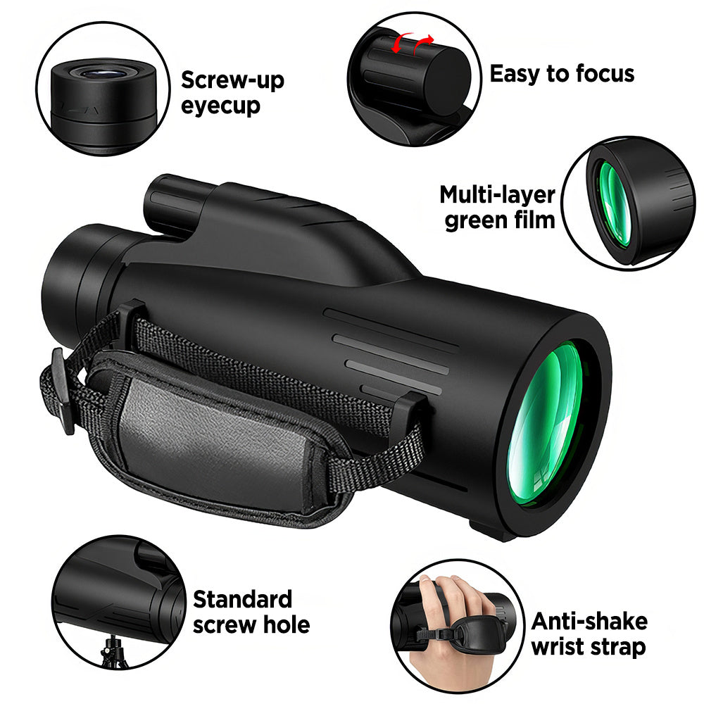 12x50高倍单筒望远镜，弱光夜视成像清晰。防雾防滑机身，配备便携配件并兼容三脚架与手机夹，适用于观鸟、狩猎、登山、观赛及音乐会，送礼佳品。