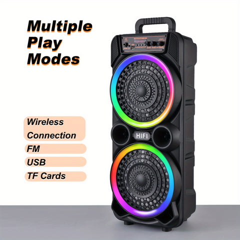 8 英寸 6000 瓦双扬声器，搭配变色 RGB 灯，便携式无线重低音立体声系统，USB Type-C 充电超便捷，含麦克风，户外派对、海滩聚会、卡拉 OK 必备