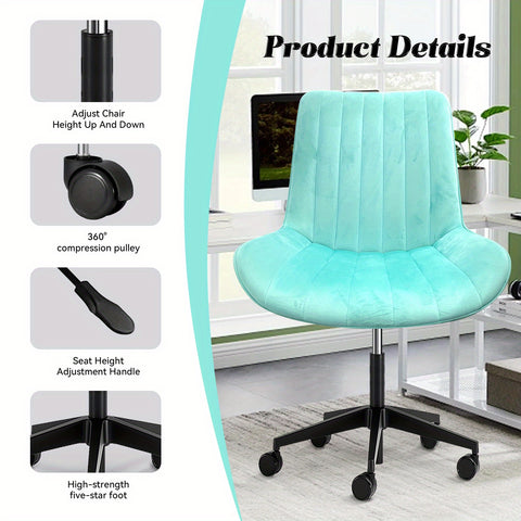 粉色/蓝色 可爱无扶手滚动梳妆椅，舒适天鹅绒，可360° 旋转的带轮人体工学椅，高度可调，现代办公椅， 卧室 办公室 家庭