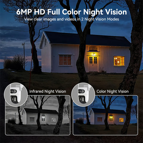 Dual Lens Dual Screen Indoor Wifi Camera with 5GHz 2.4GHz WiFi 355° Pan 90° Tilt AI Human Detection 3 Night Vision Modes 2 Way Audio Support 128GB TF Card Cloud Storage for Home Monitoring