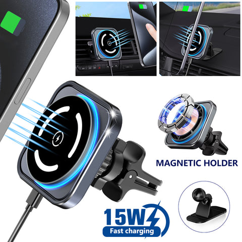 15W Magnetic Wireless Car Charger Phone Holder Mount, 15W MagSafe Car Mount Charger Magnetic WirelessDashboard Universal Car Wireless Charger Mount for iPhone 15/14/13/12 Series