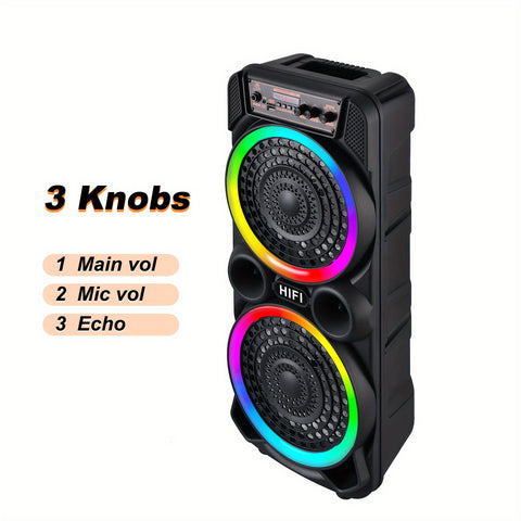 8 英寸 6000 瓦双扬声器，搭配变色 RGB 灯，便携式无线重低音立体声系统，USB Type-C 充电超便捷，含麦克风，户外派对、海滩聚会、卡拉 OK 必备