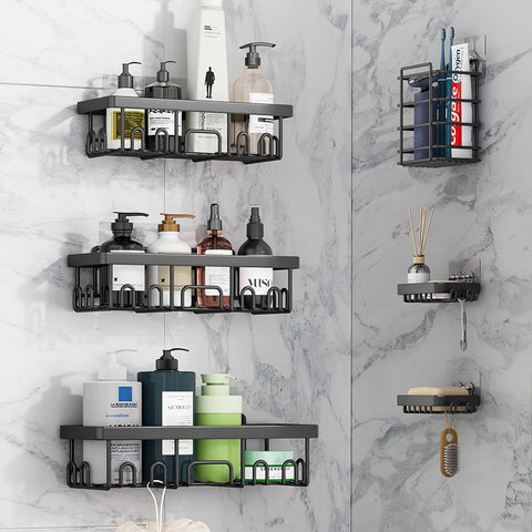 免打孔浴室置物架6件套，强力粘胶安装，防锈材质，坚固承重，轻松收纳洗发水、肥皂及牙刷，保持浴室整洁。