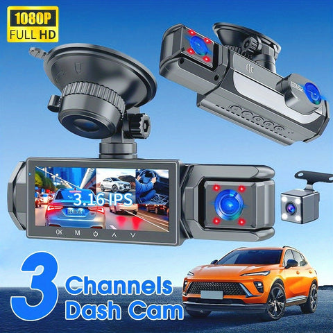 安全出行的好帮手！全新升级的三摄像头行车记录仪，配备4个红外驾驶室灯和清晰的夜视功能，内置重力传感器和循环录像功能，非常适合Uber、Lyft和出租车等共享出行司机