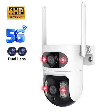 Dual Lens Dual Screen Indoor Wifi Camera with 5GHz 2.4GHz WiFi 355° Pan 90° Tilt AI Human Detection 3 Night Vision Modes 2 Way Audio Support 128GB TF Card Cloud Storage for Home Monitoring