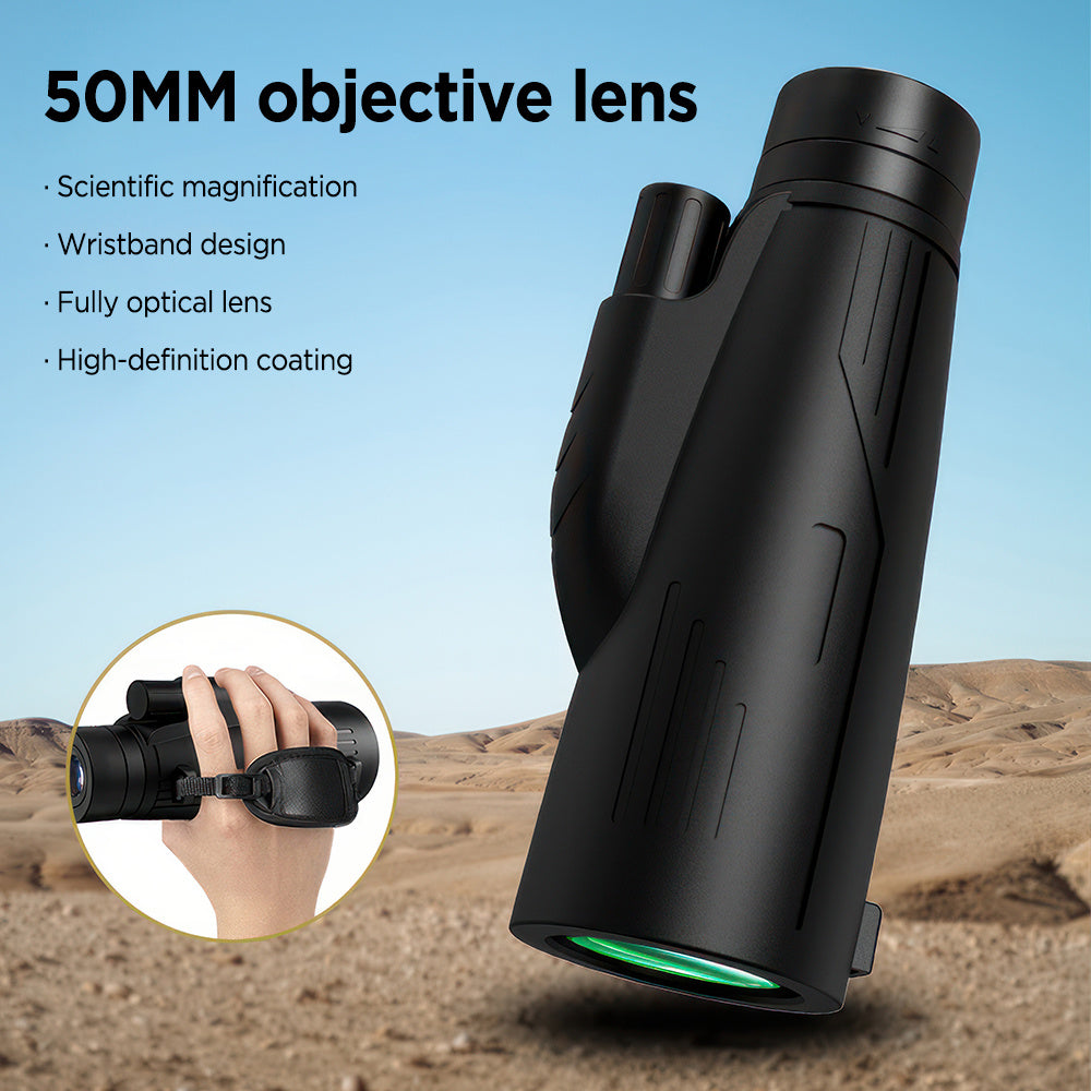 12x50高倍单筒望远镜，弱光夜视成像清晰。防雾防滑机身，配备便携配件并兼容三脚架与手机夹，适用于观鸟、狩猎、登山、观赛及音乐会，送礼佳品。