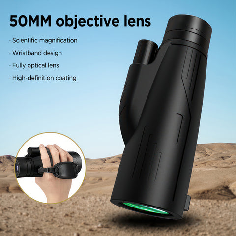12x50高倍单筒望远镜，弱光夜视成像清晰。防雾防滑机身，配备便携配件并兼容三脚架与手机夹，适用于观鸟、狩猎、登山、观赛及音乐会，送礼佳品。