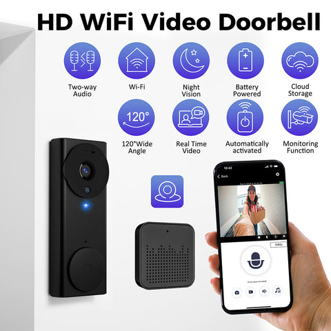 高清智能无线视频门铃摄像头，壁挂式WiFi高清夜视视频门铃，双向音频，120°广角门铃摄像头，无需钻孔，黑色