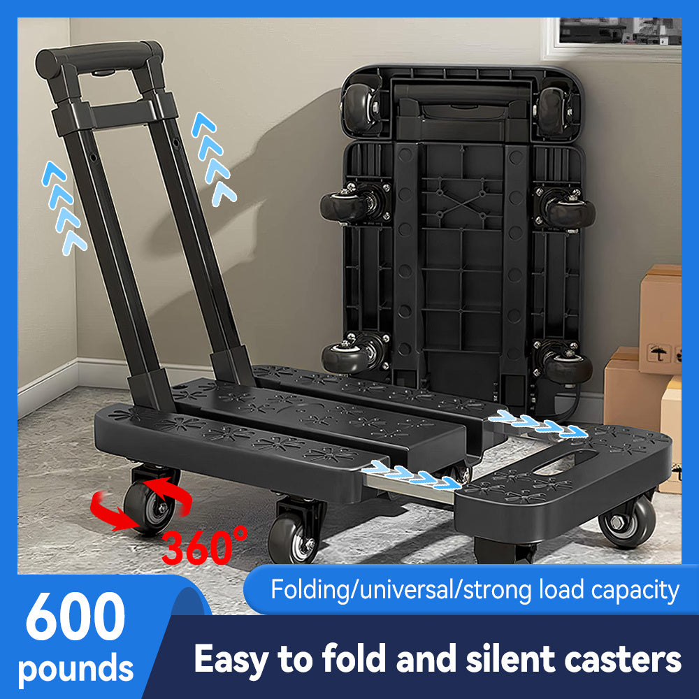 Black Foldable portable trolley, anti-slip texture, foldable carrying trolley, 270KG trolley, equipped with 6 wheels and elastic cord, suitable for luggage, travel, handling, shopping, and office use