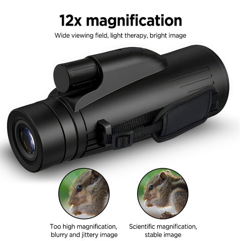 12x50高倍单筒望远镜，弱光夜视成像清晰。防雾防滑机身，配备便携配件并兼容三脚架与手机夹，适用于观鸟、狩猎、登山、观赛及音乐会，送礼佳品。