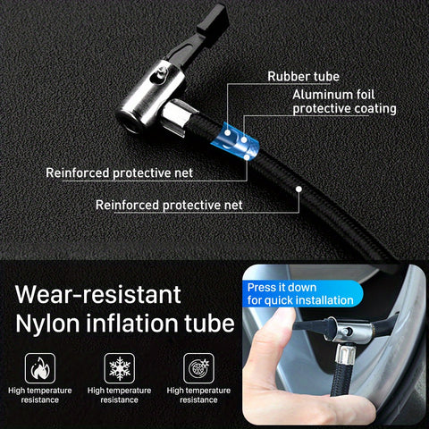 车载充气泵，最大胎压150 PSI，可在90秒内为4个汽车轮胎充气，配备3个不同型号的充气嘴，支持自动充气和自动停止功能