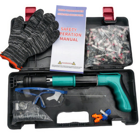 五档可调混凝土射钉枪套装——配100枚专业钢钉 0.1秒轻松穿透3mm钢板 军工级双消音设计低噪安全 附全套防护装备 适用于钢材/砖墙/木材等多种基材