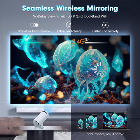 Portable Mini Projector - 720P Native FHD 4K Supported, Android 11 OS WiFi 6, Auto Keystone 180° Stand, for Home Theater Outdoor Camping Bedroom Use