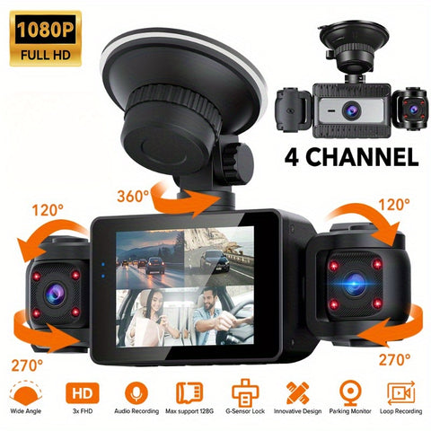1080P汽车左前右后多通道行车记录仪，4镜头记录，左右镜头角度调节，内置FHD，夜视