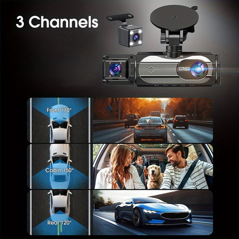 三摄像头行车记录仪，配备 4 个红外车内灯、170 度广角镜头 + 150 度车内镜头 + 120 度后置镜头，为您的驾驶提供更多便利，保障您的安全。内置重力感应，易于安装