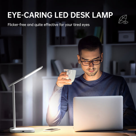 （US ONLY）LITOM HM632 LED Desk Lamp with USB Charging Port, Eye-Caring Table Lamps with Night Light, 10 Brightness Levels × 5 Color Modes, 1H Timer, Touch Control, Dimmable Office Lamp for Reading, Work, Study - White